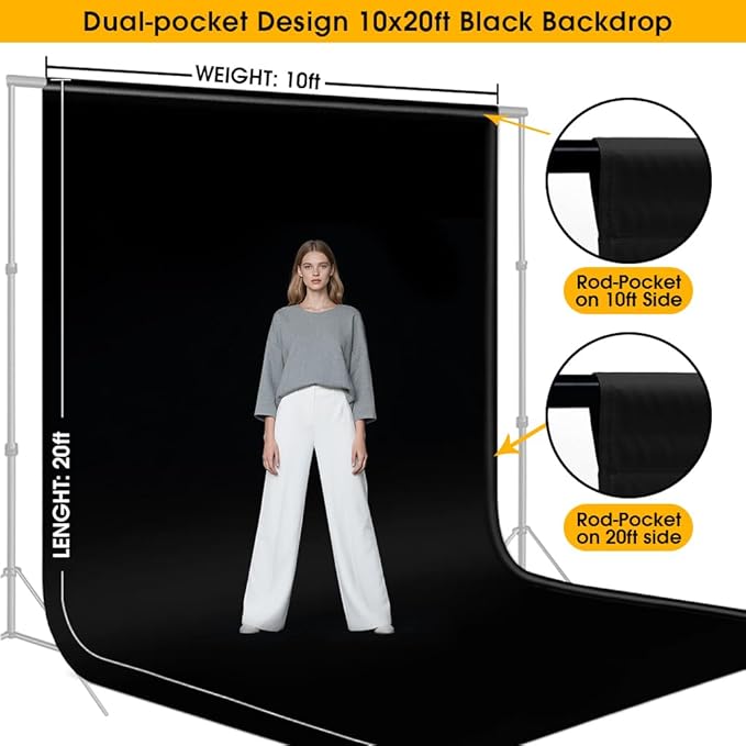 10x20ft Black Backdrop for Photography, Dual-Size Dual-Pocket Design Photo Booth Background for Portrait Photoshoot, Party and Video with Both Options of 10 feet and 20 feet in Width