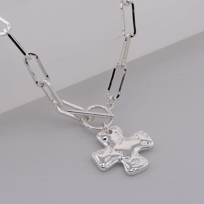 Gold Chunky Cross Necklace for Women - Statement Layered Hammered Cross Pendant Jewelry with Vintage Toggle Clasp, Bold Paperclip Chain Necklace Gift for Her