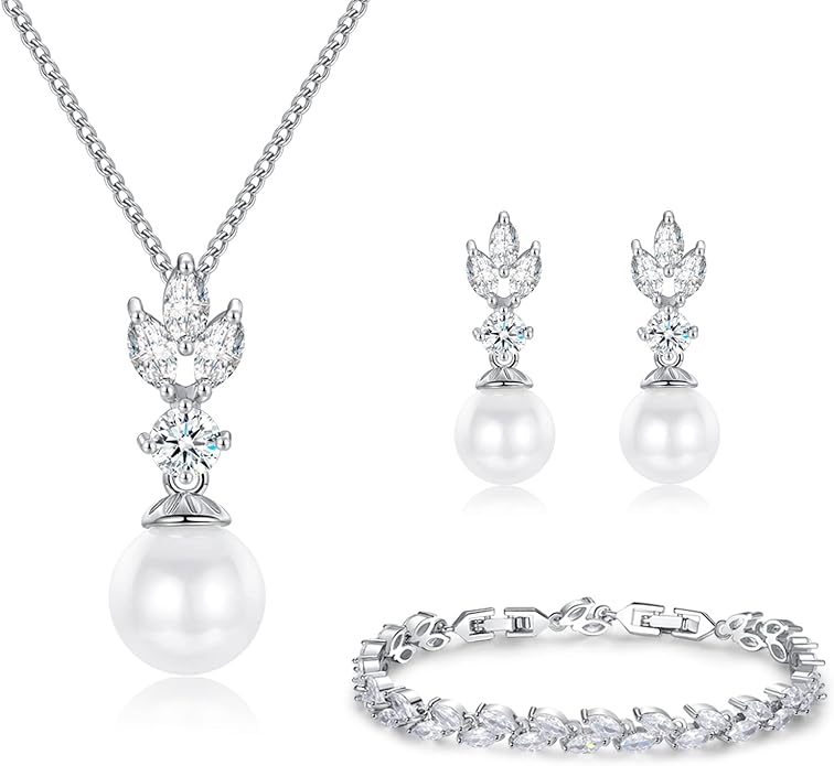 Wedding Jewelry for Bride Bridesmaid, Pearl Dangle Earrings and Pendant Necklace Set Bridal Jewelry for Promise Wedding Party