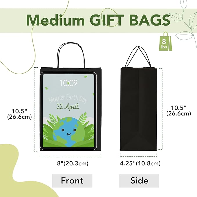 MESHA 8x4.25x10.5 Inch Black Kraft Paper Gift Bags with Handles, 50 Pack Recycled Reusable Shopping Bags Bulk for Craft Wedding Party Favors Retail Grocery Birthday Business