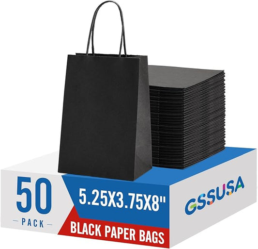 GSSUSA 5.25x3.75x8 50Pcs Black Gift Bags with Handles,Small Gift Bags Craft Bags for Small Business, Black Goodie Bag,Sturdy Kraft Paper Bag, Retail Shopping