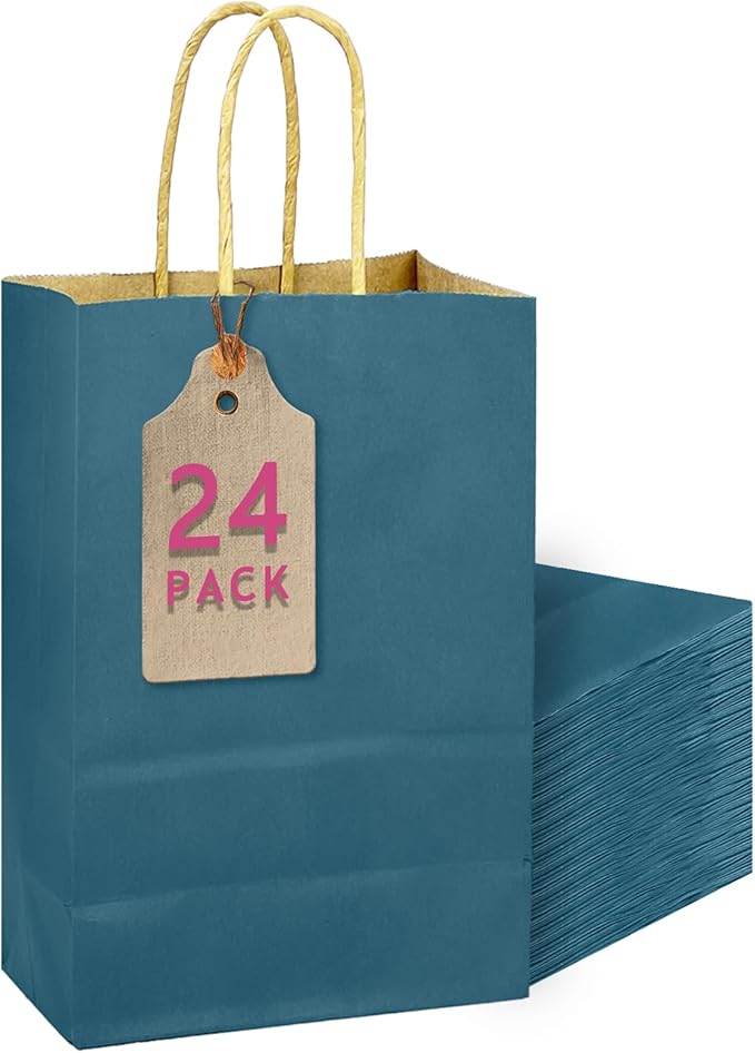 qiqee Classic Blue Gift Bag with Handles Bulk 24Pcs Paper Bags -10.6"x8.3"x4.3"Party Favor Bags - Solid Color
