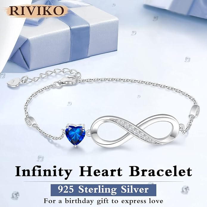 RIVIKO Infinity Love Heart Symbol Charm Bracelet for Women 925 Sterling Silver Adjustable Birthday Valentine’s Day Christmas Mothers Day Jewelry Gift for Mom Women Wife Her Friends
