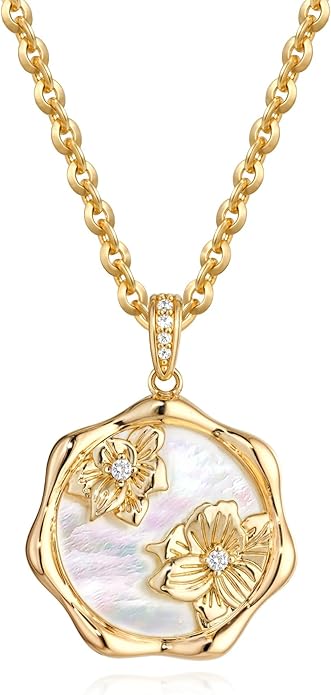 MTMY Birth Flower Necklace 14K Gold Plated Mother of Pearl Disc Birth Month Flower Pendant Necklaces for Women Personalized Custom Floral Jewelry Birthday Gift