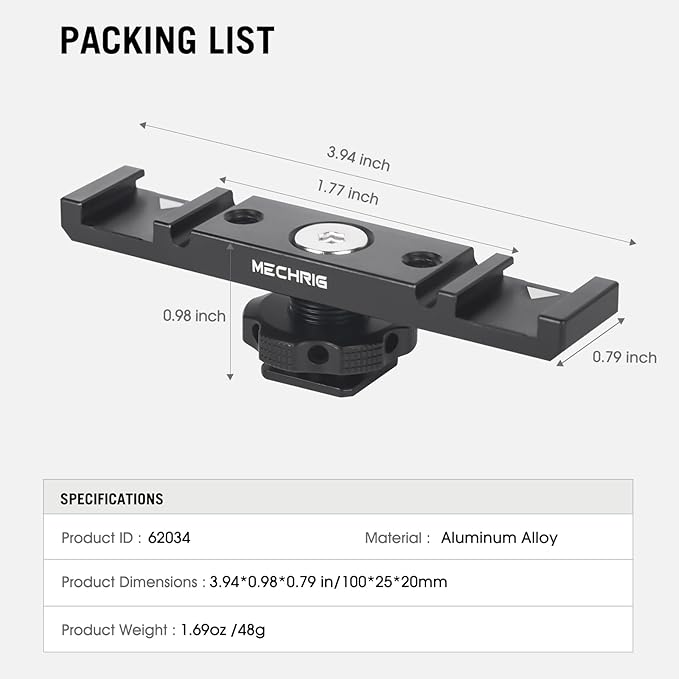 Dual Cold Shoe Extension Bar Mount, Aluminum Dual Hot Shoe Mount Bracket with 1/4" Thread & Cable Slot, Cold Shoe Bracket for DSLR Camera LED Video Light Microphone Monitor (62034)