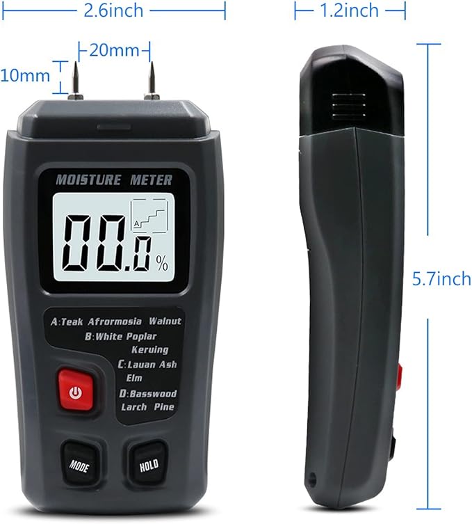 Digital Wood Moisture Meter Wood Humidity Tester Hygrometer Timber Damp Detector Large LCD Display (Grey)