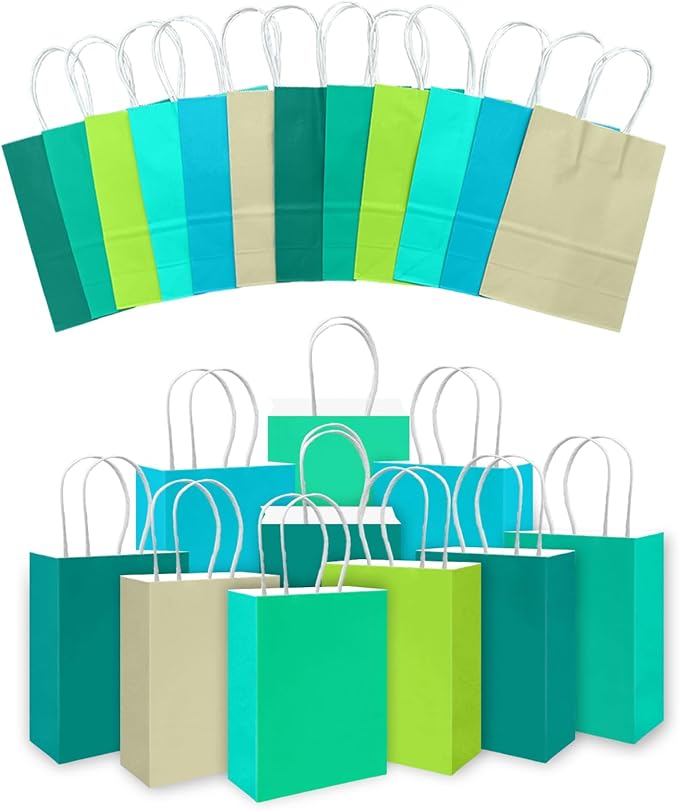 qiqee 30PCS Medium Gift Bag with Handles Bulk 11"x5"x8" Gift Bags 6 Different Green Color Bags Multiple Uses (Medium Size)