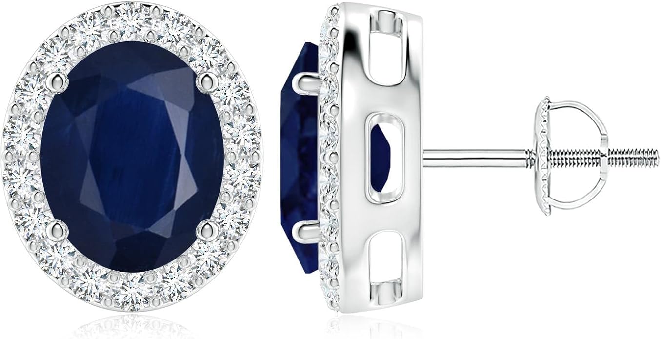 ANGARA Natural Blue Sapphire Earrings for Women | Prong-Set Oval Blue Sapphire Stud Earrings with Diamond Halo in 14K Solid Gold/Platinum | September Birthday, Anniversary, Gemstone Jewellery Gift