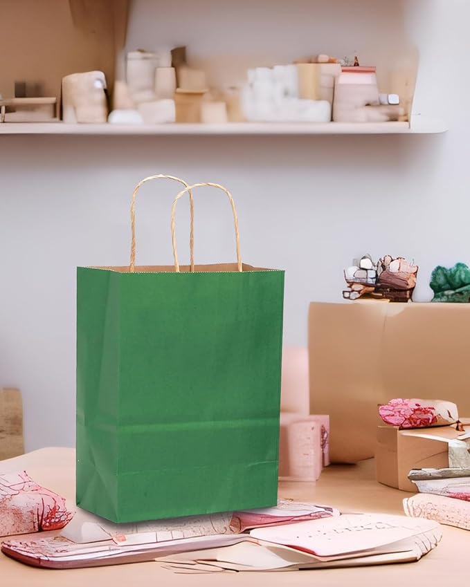 qiqee Large Kraft Paper Bags with Handles 13"x10"x5" 32 pcs Gift Paper Bag Deep Green Solid Color Bags（Large Size）