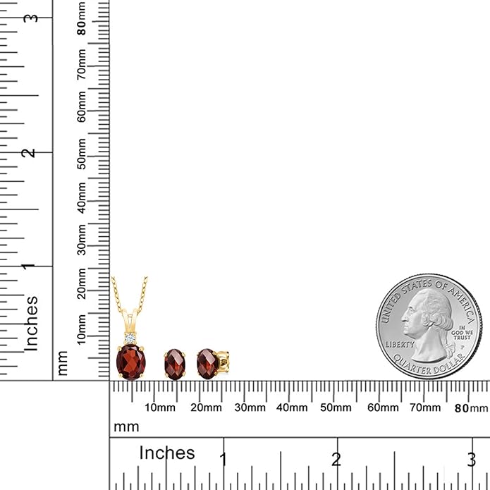 Gem Stone King 3.29 Cttw Oval Red Garnet 18K Yellow Gold Plated Silver Pendant Earrings Set For Women | Gemstone Birthstone | Oval 8X6MM and 7X5MM | With 18 Inch Chain