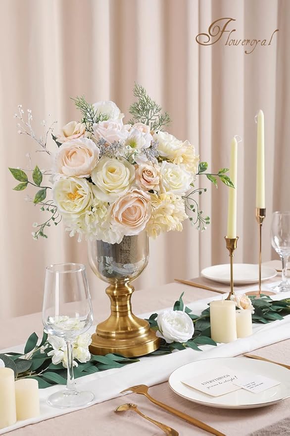 Floweroyal Artificial Flowers Combo White Flowers Mix Silk Flowers Dahlia Roses with Stems for DIY Wedding Bridal Bouquets, Baby Shower, Floral Arrangement, Table Centerpieces, Home Decorations.