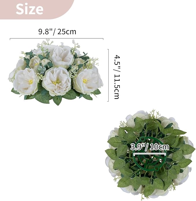 NUPTIO Artificial Flowers Ball Centerpieces: 2 Pcs 9.8 Inch Diameter Fake Kissing Rose Floral Balls for Wedding Party Bridal Shower Valentine Home - White Bouquet Arrangement Decorations for Table