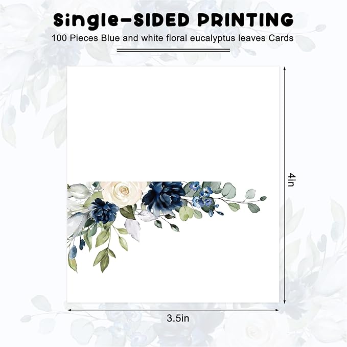 Whaline 100Pcs Floral Place Cards 2 x 3.5 Inch Watercolor Blue White Flower with Leaves Tented Seating Cards for Wedding Bridal Shower Party Table Setting