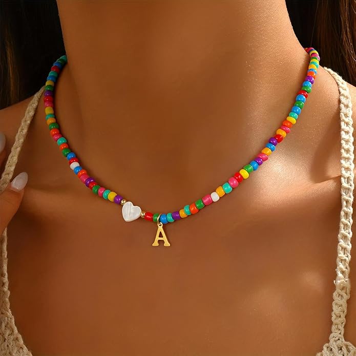 Valentines Day Gifts for Kids Women Girls - Colorful Beaded Initial Necklace Teen Girls Trendy Stuff Dainty Letter A-Z Choker Necklace Valentines Day Gifts for Her Mom Jewelry