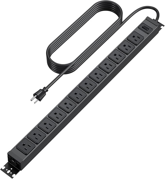 HHSOET 360° Rotating 12 Outlet Mountable Power Strip, Metal Gaming Table Mounted Outlet Strip, Heavy Duty Wall Mount Surge Protector with Switch, Works Great and Very Versatile, 15ft Power Cord.Black