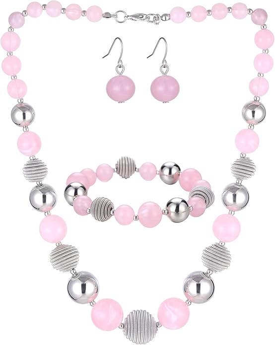 PEARL&CLUB Beaded Chunky Statement Necklace Earring and Bracelet Set Silver Metal Bead Fashion Jewelry Set Mothers’ Day Gifts for Women
