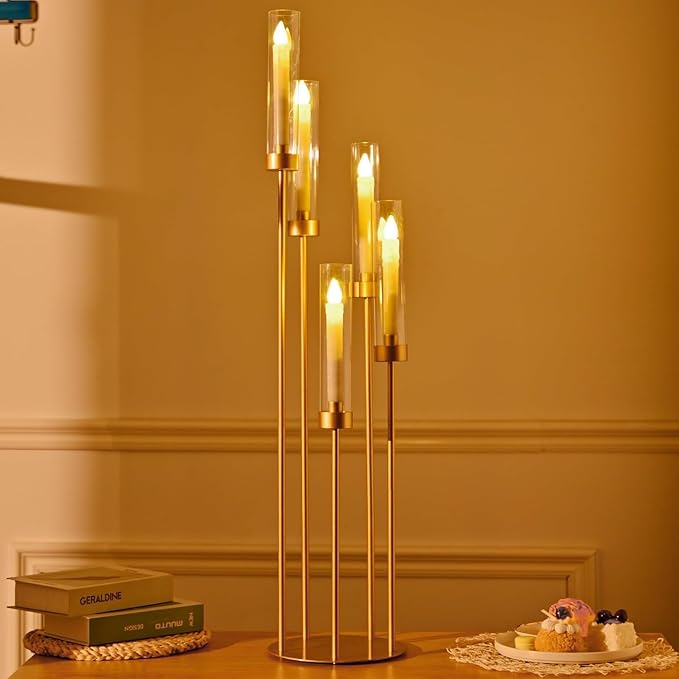20PCS Gold Floor Candelabra,5 Arm Candle Holder Tall Floor Candle Holder with Acrylic Lampshade for Wedding Table Birthday Party Home Decoration Fit LED Taper Candles