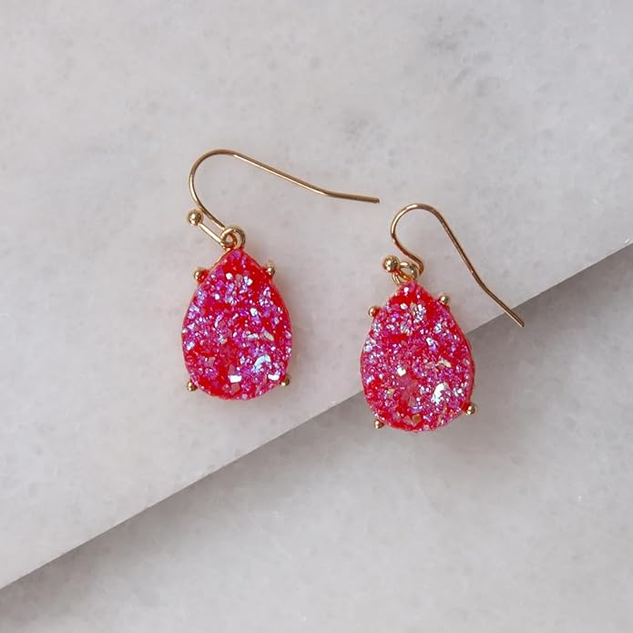 Teardrop Dangle Earrings for Women with Simulated Druzy Stones in Gold or Silver Tone