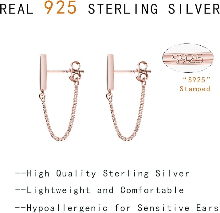 Reffeer Solid 925 Sterling Silver Stud Earrings Minimalist Bar Earrings with Chain Dangle Earrings For Women