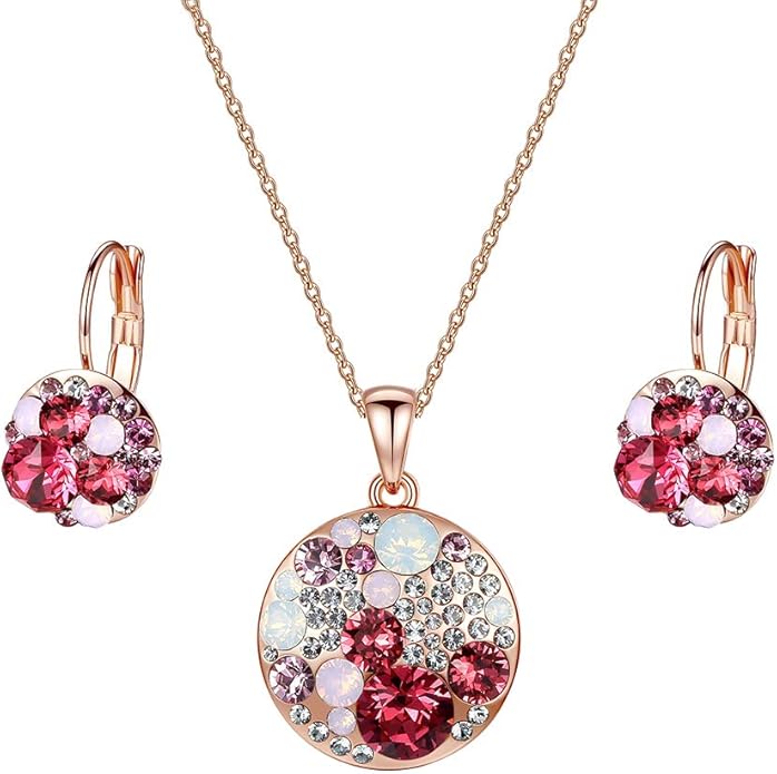 EVEVIC Austrian Crystals Round Disc Pendant Necklace Earrings for Women 14K Gold Plated Hypoallergenic Jewelry Sets