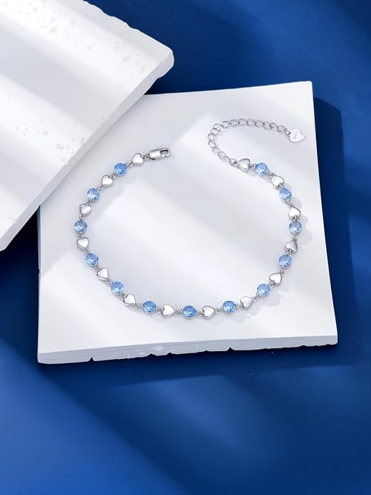 Birthstone Charm Link Bracelet 925 Sterling Silver Rose/Heart/Mom Bracelet with 12 Months Birthstone Mother's Day Gift Jewelry Gifts for Women,Chain Length 7"+2" Extend