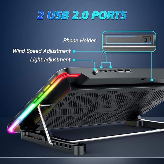 LIANGSTAR Laptop Cooling Pad, Laptop Cooler Gaming 5 Quiet Fans with Large Metal Plate for 12-17.3 Inch Fan Stable Stand, 4 Modes RGB Light, 7 Height & Adjust Speed, 2 USB Port & Phone Holder