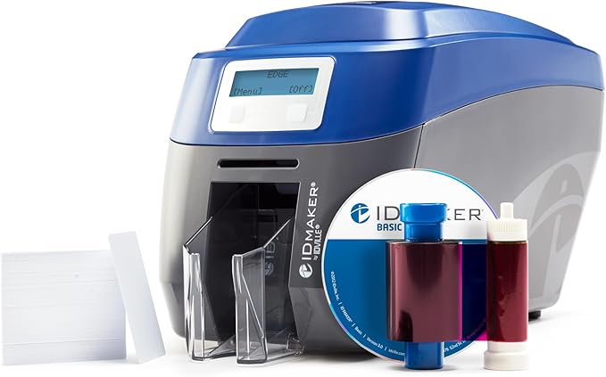 ID Maker Card Edge 2 Sided Printer Machine & Supply Kit for Badge Printing - Print Professional Quality Identification Badges - IDMaker Software, 200-Print Color Ribbon, 100 PVC Cards