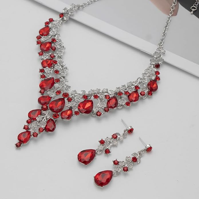 Bridal Bridesmaid Austrian Crystal Jewelry Set, Floarl rhinestone Statement Neckace Teardrop Necklace Drop Dangle Earrings Set