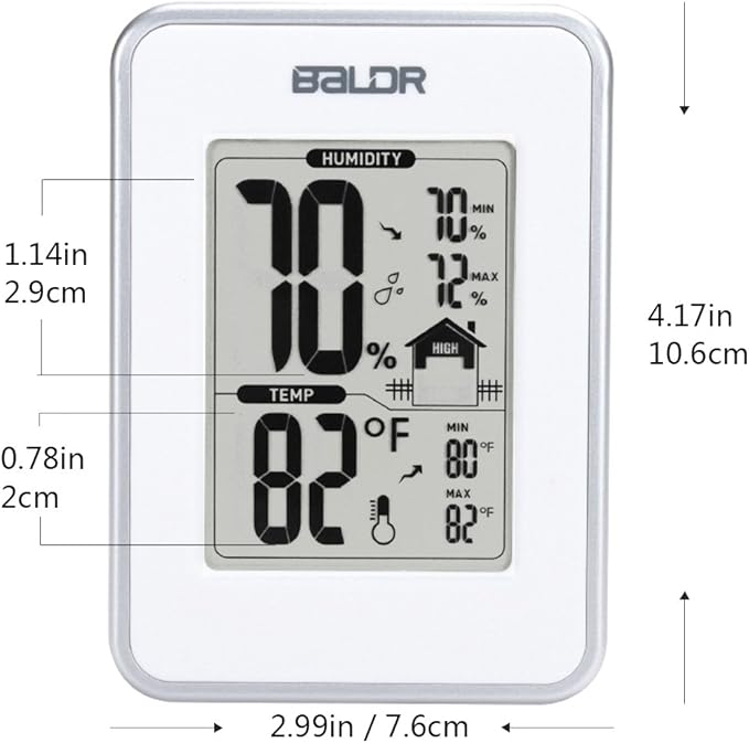 BALDR Digital Thermometer Hygrometer Monitor Indoor Temperature & Humidity Gauge, Min, Max, and Trend Indicator, White