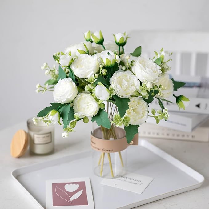 Floweroyal 2 Bunches Peony Artificial Flowers White Flowers Silk Peonies Bouquets for Wedding Party Table Centerpieces Floral Arrangement Home Kitchen Decor