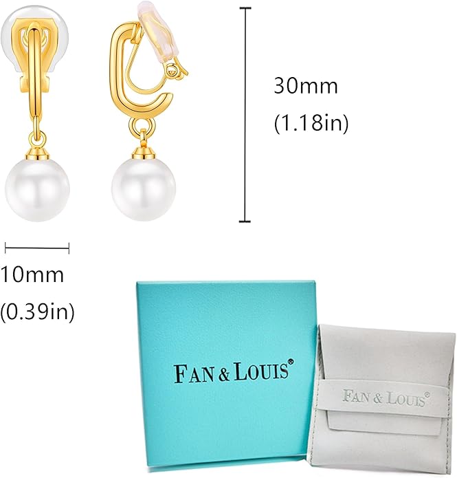 FAN&LOUIS Pearl Clip On Earrings for Women，24K Gold Plated Hypoallergenic Pearl Dangle Drop Women's Non-Pierced Painless Clip-On Earrings