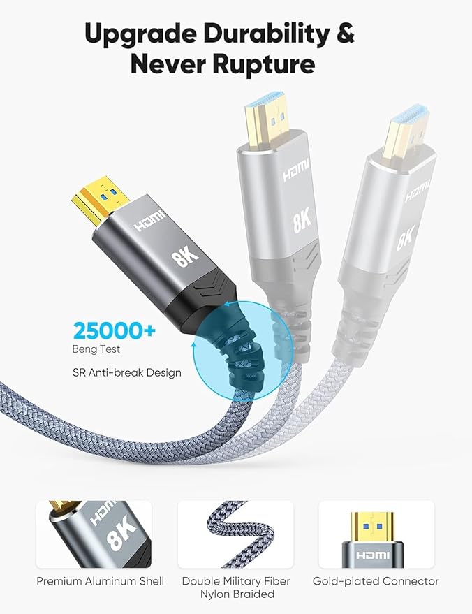 Highwings Long 8K Fiber Optic HDMI Cable 50 FT, 2.1 Unidirectional 48Gbps High-Speed Slim HDMI Braided Cord 8K60Hz 4K120Hz HDR/eARC HDCP 2.2/3D Compatible for PS5 and DVD Player