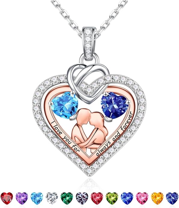 Iefil Valentines Day Gifts for Her - 925 Sterling Silver Double Heart Birthstone Necklace for Women, Anniversary Birthday Gifts for Wife I Love You Gift Couple Sitting Hugging Each Other Jewelry Gift