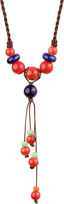 MINACHI Vintage Bohemian Ethnic Colorful Ceramic Bead Long Y Necklace, Hippie Boho Summer Fashion Jewelry Gift for Women