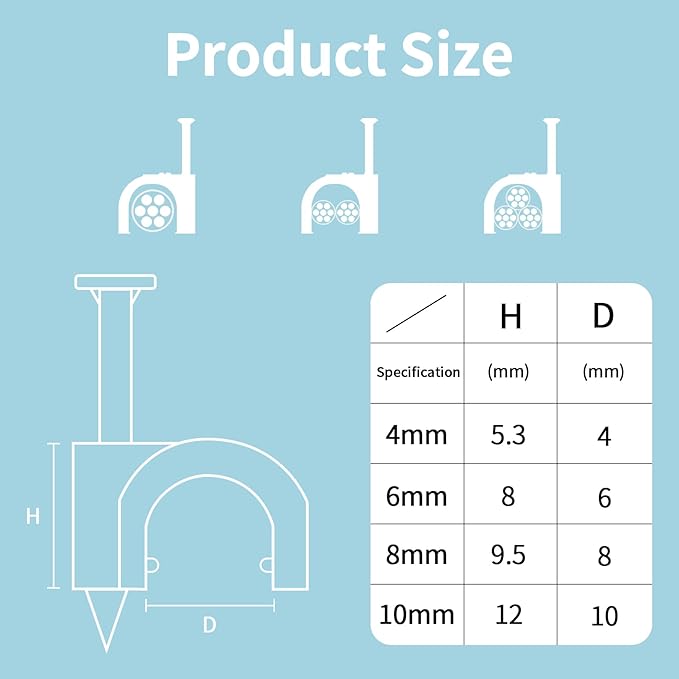 Cable Clips, 400 Pcs, 4mm 6mm 8mm 10mm, Wire Wall Clips with Steel Nails, Cable Management Organizer Clips, Cable Tacks Coax Holder Clips, RG6 RG59 CAT6 RJ45 Cable Cord Clips, Black