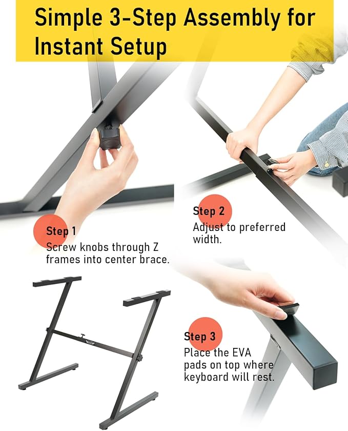 Stage Rocker Z-Style Keyboard Stand, Adjustable Width for 61/88 Key Keyboards, Sturdy & Durable Digital Piano Stand, Easy Storage, Sleek Black.