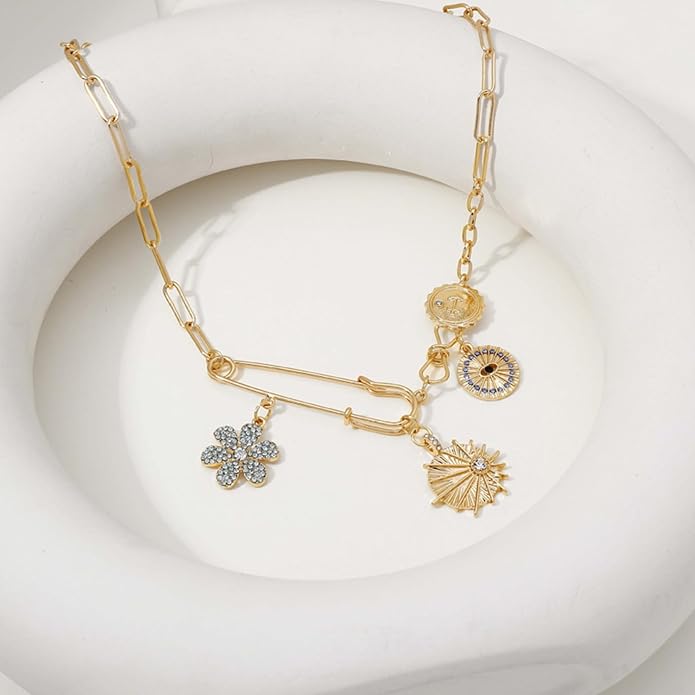 MISS RIGHT Dainty Gold Evil Eye Hamsa Hand Coin Lucky Charm Pendant Necklace for Women Trendy Vintage Paperclip Chain Sun Moon Clover Flower Chunky Charm Necklace Jewelry Gifts