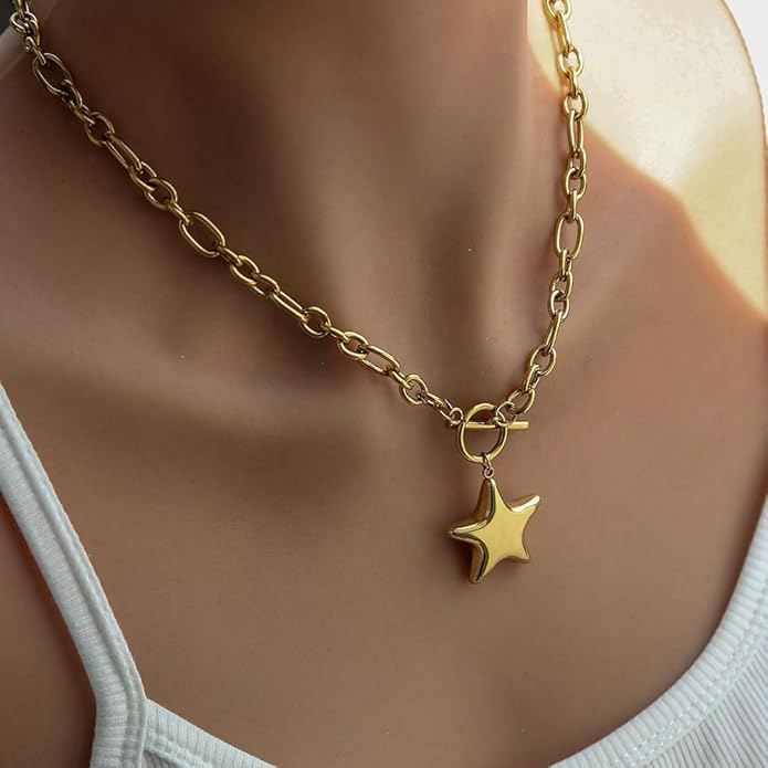 Large Star Necklace Chunky Gold Necklace for Women Trendy Silver Big Statement Necklaces Bold Thick Paperclip Necklaces OT Toggle Chunky Jewelry Holiday Christmas Jewelry Gifts Stocking Stuffers