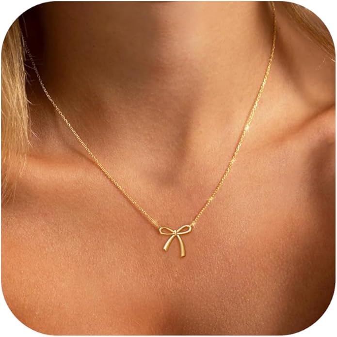 Valentines Day Gifts for Her - Dainty Bow Necklace for Women 14K Gold Plated Cute Choker Small Pendant Charm Necklaces Teen Gift Trendy Stuff Personalized Jewelry