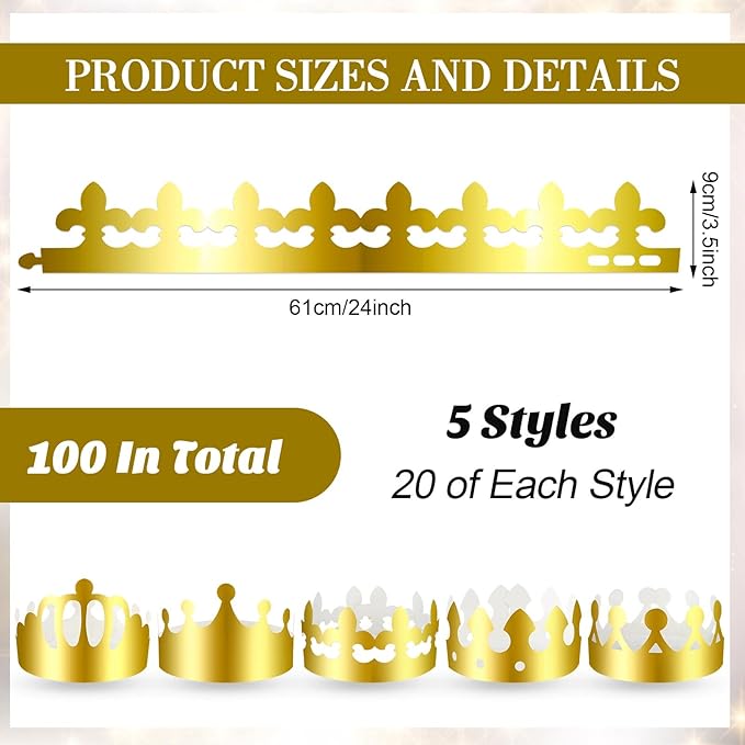 Crtiin 100 Pcs Gold Paper Crowns Birthday Party Bulk for Adults Classroom Students Hat Supplies Favors (Stylish Style)