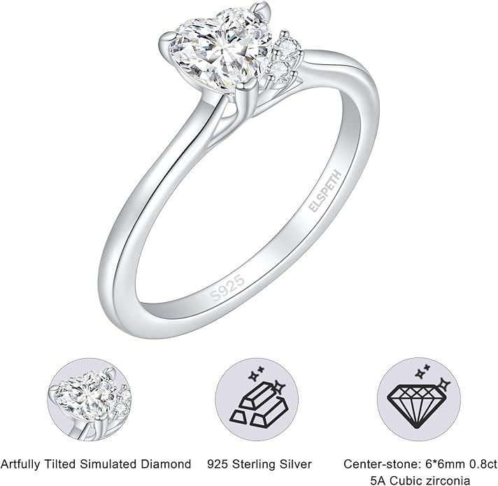 Elspeth 925 Sterling Silver Heart Engagement Ring for Women Heart Cut Cubic Zirconia Promise Ring Size 4-10