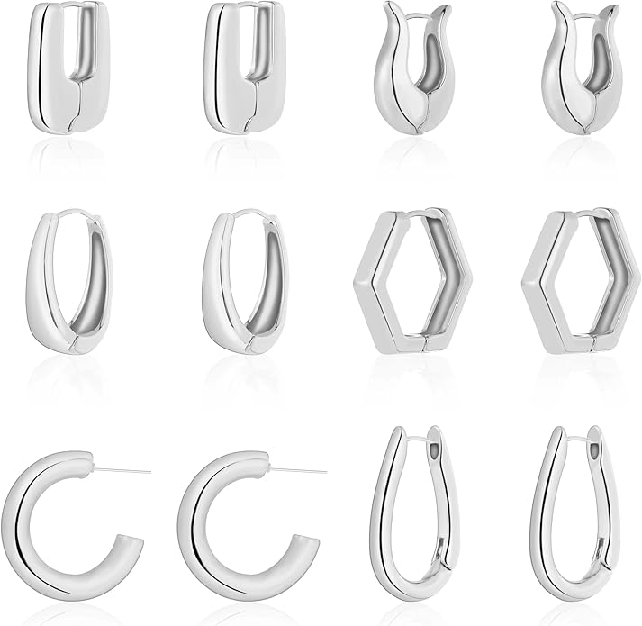 Wgoud 6 Pairs Gold Hoop Earrings Set for Women, 14K Gold Plated Hypoallergenic Lightweight Chunky Open Huggie Hoops Earrings Jewelry for Gifts.