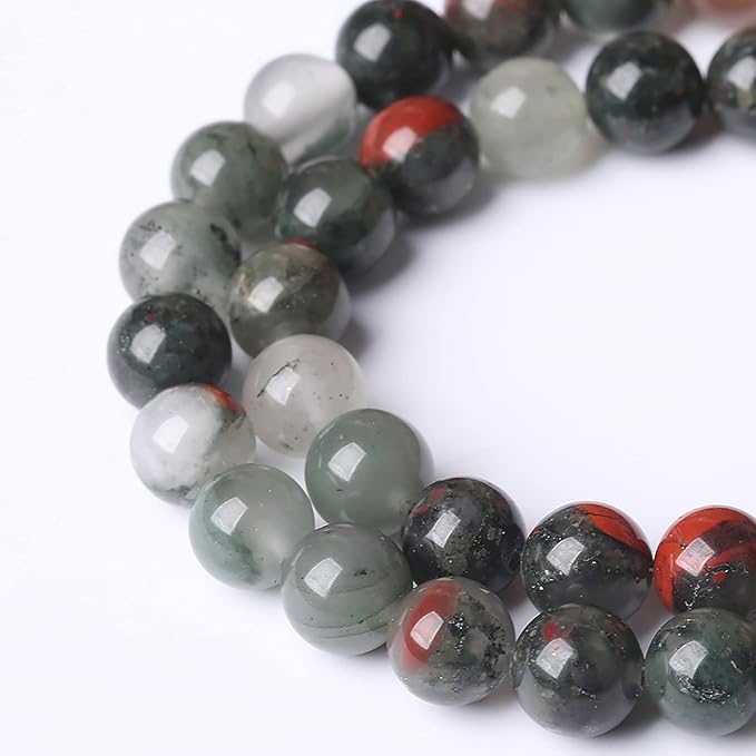 10mm 38pcs Natural African Bloodstone Beads Round Loose Gemstone Energy Healing Power Stone Beads for Jewelry Making DIY Bracelet 15 Inch