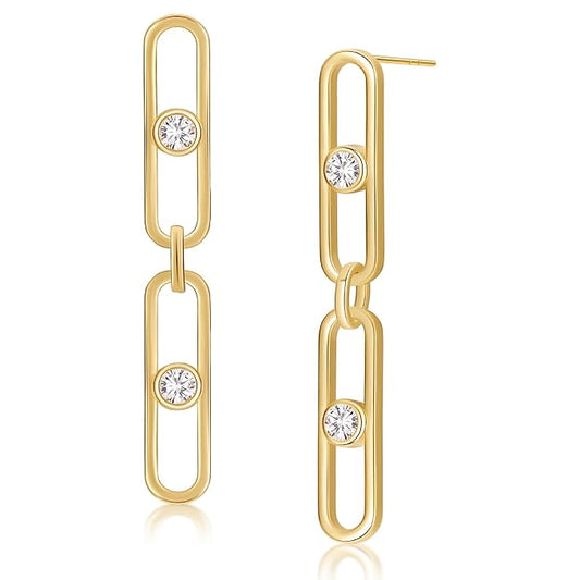 Gold Earrings for Women CZ Paperclip Drop Dangle Earrings, Sterling Silver Posts, Hypoallergenic Studs for Women Trendy Designer Jewelry