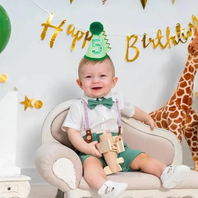 Green Glitter Dinosaur Birthday Cone Hat for 1-5 Years Old Kids Boys Dino Dinousour Birthday Hat Party Decoration