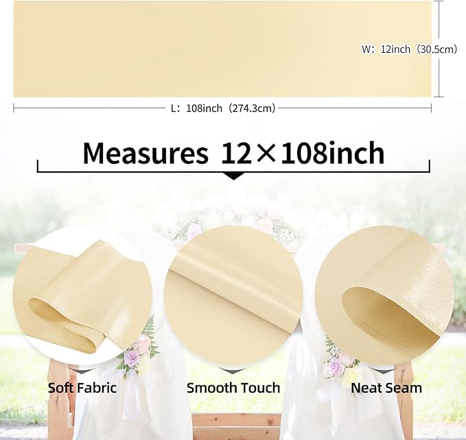 10 Pack Satin Table Runner 12 x 108 Inch Long,Satin Silk Table Runner for Wedding,Birthday Party and Banquet Decoration,Champagne
