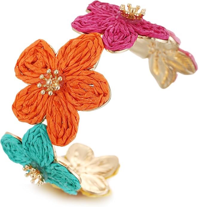 Raffia Flower Cuff Bracelet for Women, Floral Chunky Bangle Wide Open Cuff Statement Bracelet