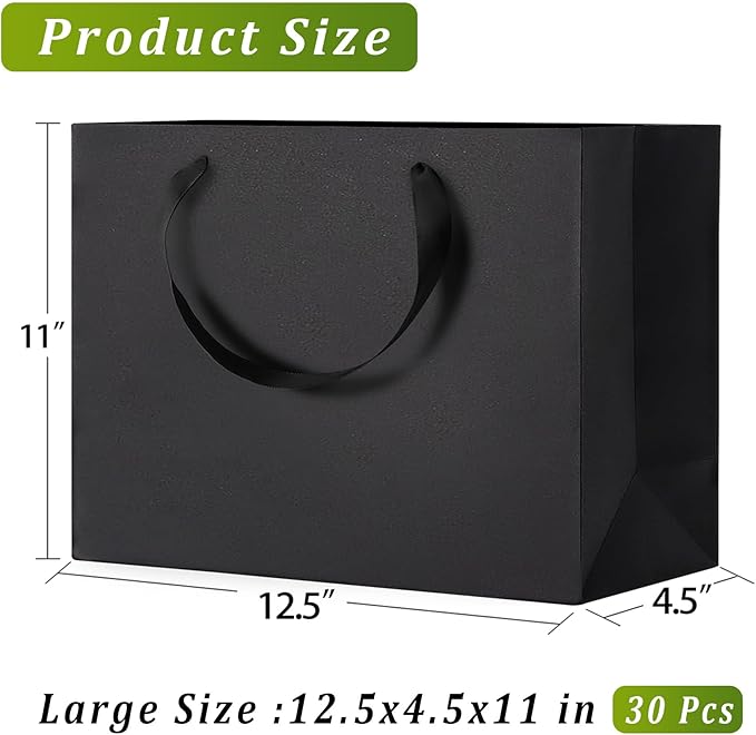 Black Gift Bags With Handles, 12.5x4.5x11 Inch Sturdy Kraft Paper Gift Bags 30 Pcs, Bulk for Wedding, Party, Birthday, Business and Shopping, Large Size