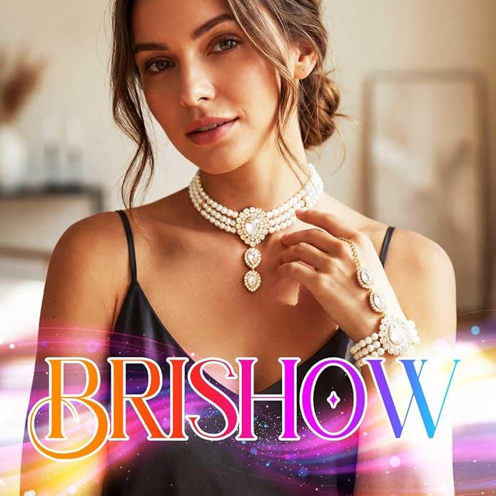 Brishow Pearl Choker Necklaces Set Green Crystal Bridal Jewelry Sets for Wedding Layered Pearl Costume Jewelry Bracelets Set for Women