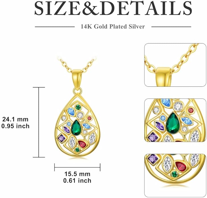 Gemstone Necklaces for Women 14K Yellow Gold Plated Silver Colorful Pendant Necklace Multicolor Cubic Zirconia Heart Pearshaped Jewelry for Mother Wife Daughter